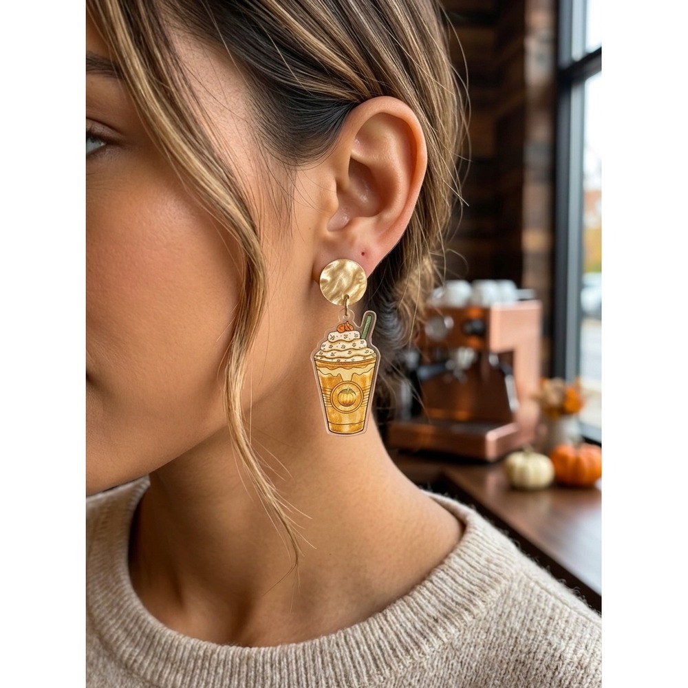 Pumpkin Spice Latte Acrylic Drop Earrings Gold Tone Marbled Resin Fall Jewelry